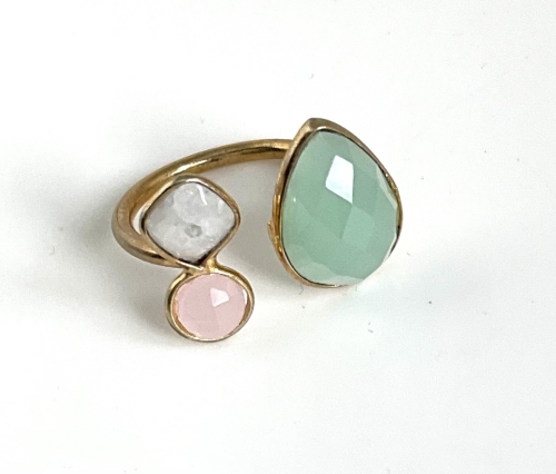 Bague en Quartz rose, Calcédoine et Pierre de Lune