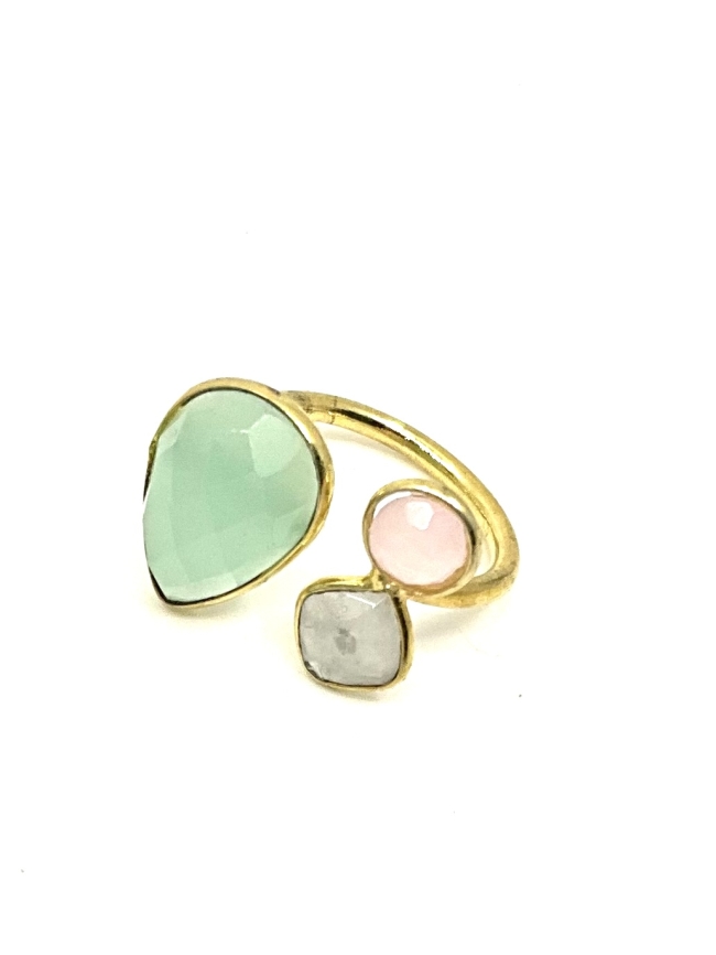 Bague en Quartz rose, Calcédoine et Pierre de Lune